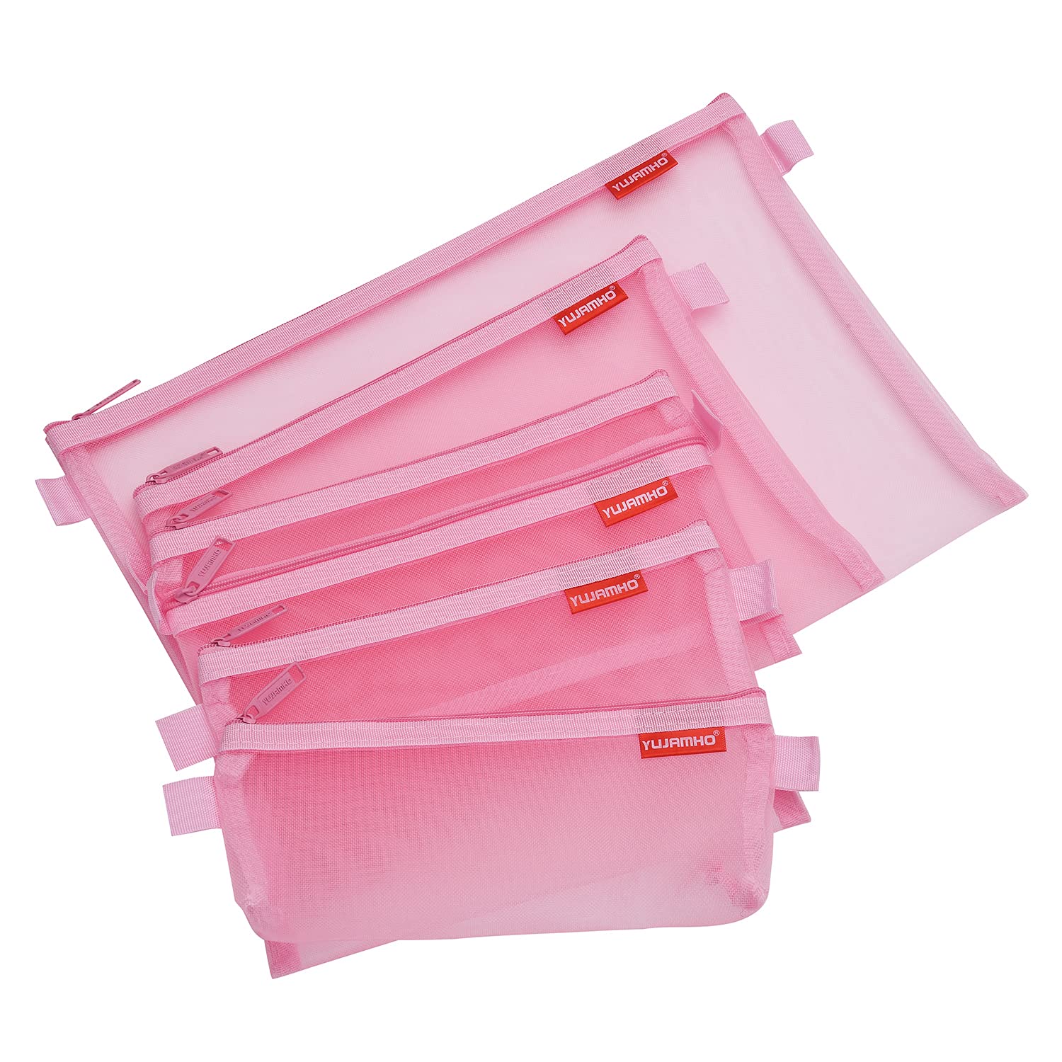 Pendancy Mesh Zipper Pouch 5pcs Lightweight Nylon File Folders Document Organizer Cosmetic Bags Accessories Storage for Travel and Office Supplies(Pink, A4 A5 A6)