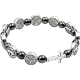 925 Sterling Silver San Benito Bracelet For Women And Men - Catholic Saint Benedict Cross Crystal Bracelet, St Benedict Bracelets Black Glass Beads Rosary Christian Religious Jewelry Best Gifts (3 - San Benito Bracelet)