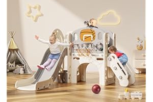 BIERUM 9 in 1 Toddler Slide, Kid Slide for Toddlers Age 1-3 with Ring Toss, Basketball Hoop, and Telescope, Indoor Outdoor Playset Playground Beige Gray