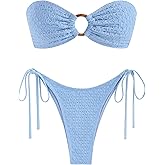 ZAFUL Women's Bandeau Bikini Strapless O Ring Lace Tie Back High Cut Two Piece Swimsuit Bathing Suits