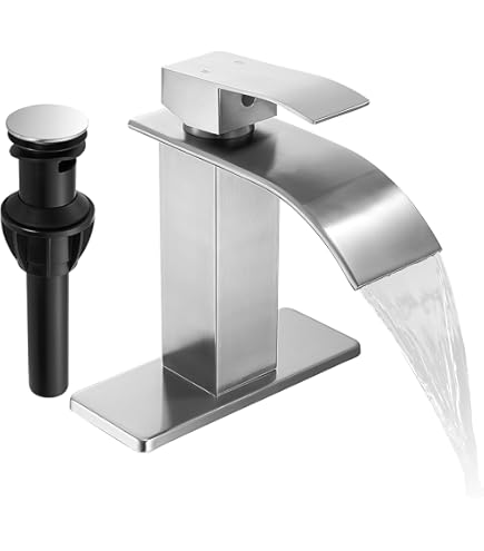 Sagetta Waterfall Bathroom Sink Faucet Single Hole Faucet With Three Hole Cover Deck Plate, Pop Up Drain And Water Hoses Stainless Steel Vanity Faucet, Chrome