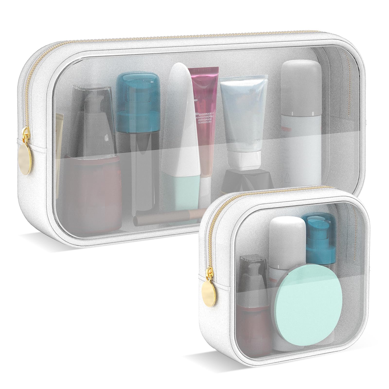 Adorila Clear Makeup Bag Set of 2, TSA Approved Waterproof Travel Cosmetic Bag, PVC Nylon Portable Makeup Organizer Bags for Women (White)