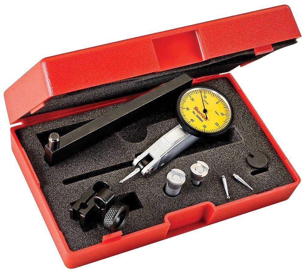 Starrett 3809MAC Dial Test Indicator with Dovetail Mount,4 Attachments, and 2 Extra Contacts, 32mm Yellow Dial, 0.8mm Range, 0.01mm Graduation