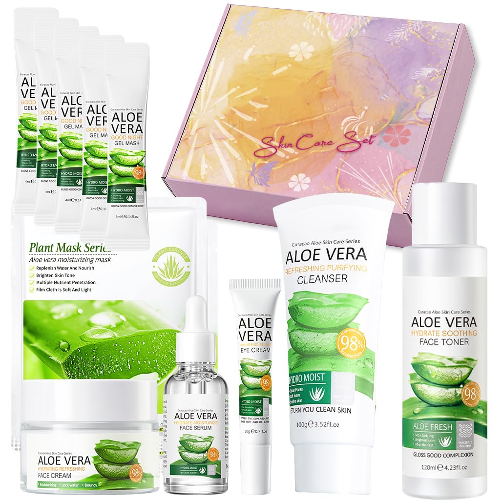 Skincare Set, Skin Care Sets & Kits, Skincare Gift Set for Women & Teenage Girls with Aloe Vera Extracts - Cleanser, Toner, Essence, Eye Cream, Face Cream, Gel Mask, Pamper Gifts (12PCS BOX)