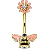 CM Crareesi Mania Bee Belly Button Rings 316L Stainless Steel Gold Belly Rings for Women 14G Flower Belly Button Piercing Jewelry 10mm Cute Navel Piercing Jewelry