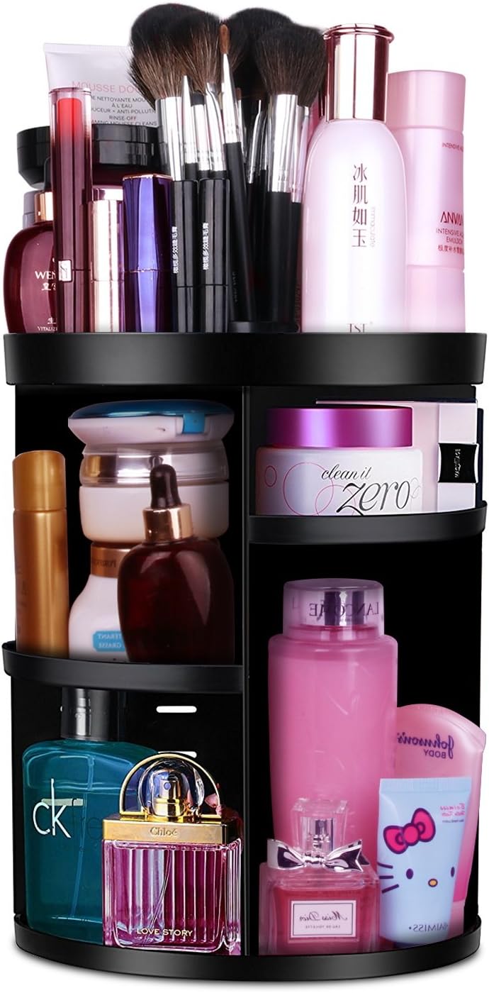 MOFIR Makeup Organizer 360 Degree Rotating, Adjustable Multi-Function Cosmetics Storage Box, Small Size Extra Large Capacity, Fits Different Sizes of Cosmetics (Circle with Grid Top, Black)