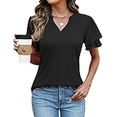 Rapbin Womens Tops Dressy Casual Ruffle Short Sleeve V Neck Blouses Summer Fashion Business Work Elegant Shirts