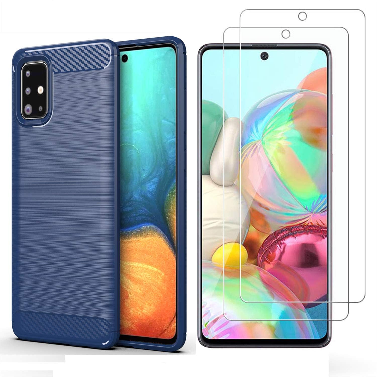 MISIDE Case for Samsung Galaxy A71 Case,with Samsung Galaxy A71 Screen Protector.[3 in 1] Scratch Resistant Carbon Fiber Cover + 9H Tempered Glass Screen Protector (Blue)
