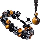 XonyiCos Triple Protection Bracelet,Made by hand Crystal Bracelet for Men Women Tiger Eye Beads Hematite and Black Obsidian Natural Stone 8mm Healing Bracelets Good Luck Prosperity Happiness