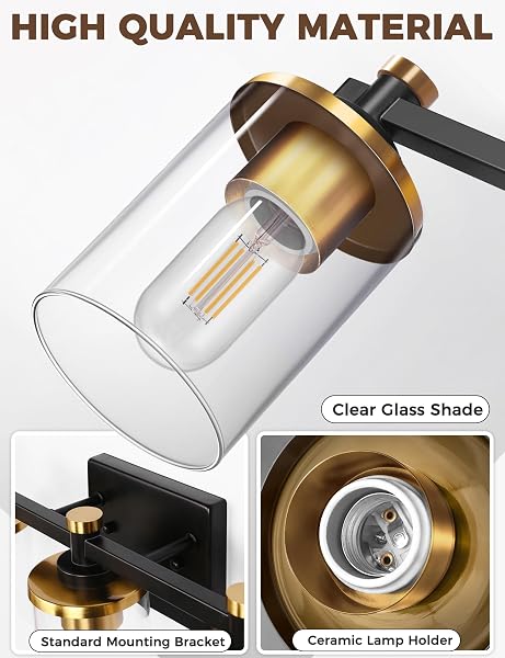 L LOHAS LED 3 LIGHT BATHROOM VANITY LIGHT, BLACK AND GOLD BATHROOM LIGHT FIXTURE OVER MIRROR, MODERN LIGHTING FIXTURES WITH CLEAR GLASS SHADE, VINTAGE VANITY LIGHTS FOR BATHROOM MIRROR HALLWAY, ETL