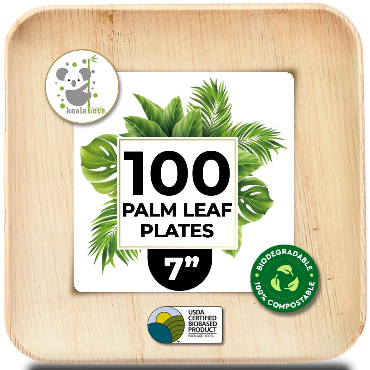 Photo 1 of Palm Leaf Plates Bamboo Disposable Square 7 inch 100 Bulk Party Pack Elegant Sturdy Design Better Than Paper and Plastic Plates by Koalalove (KoalaLove-PLP-7IN-100-Plates)