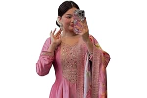 Womentus Women's Anarkali Kurta Set, Red with Yellow Dupatta, Embroidered Neckline, Indian Ethnic Wear