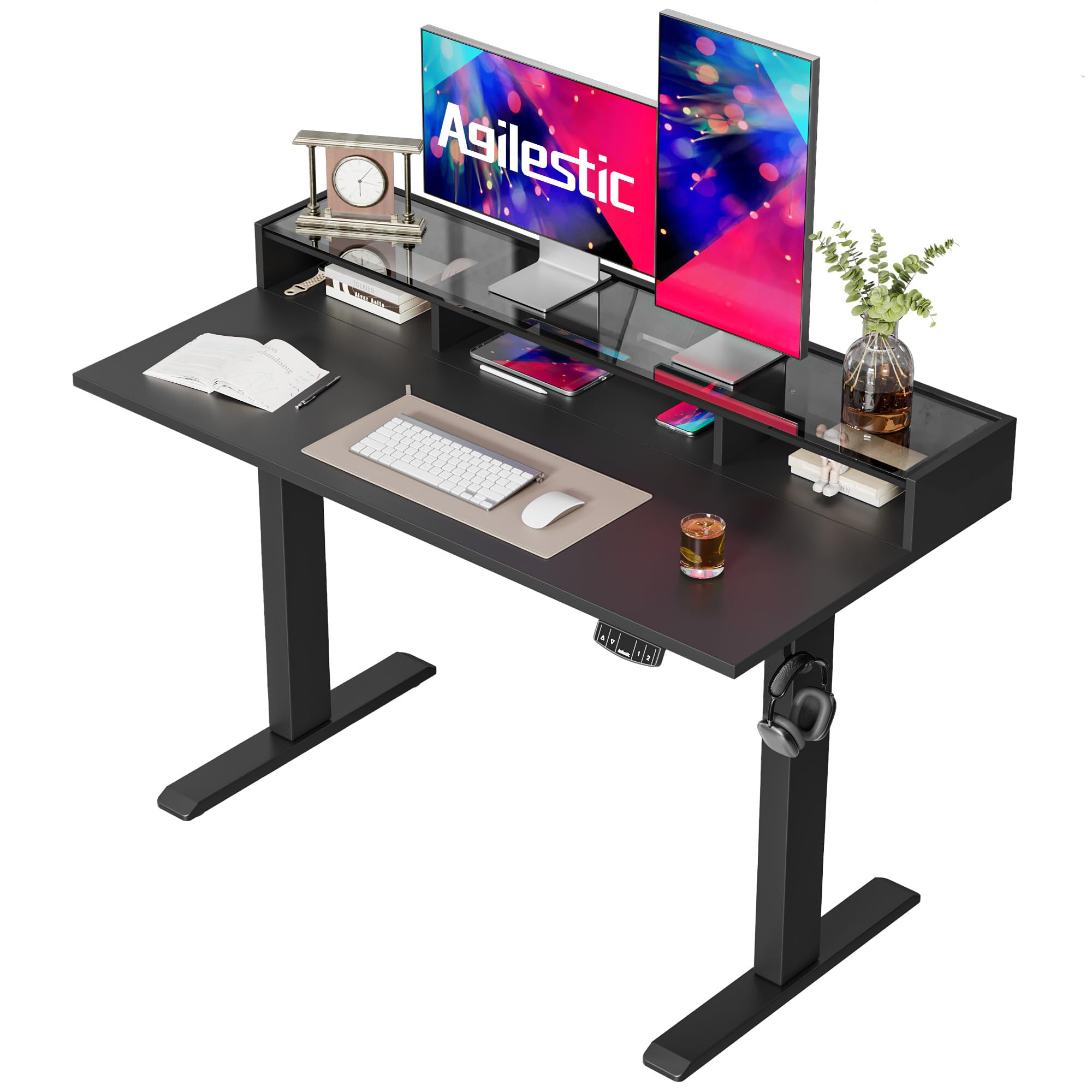 Agilestic Glass Standing Desk with Storage, 48 Inch Electric Adjustable Desk with Glass Shelf, Sit Stand Up Home Office Computer Table, Splice Board, Black