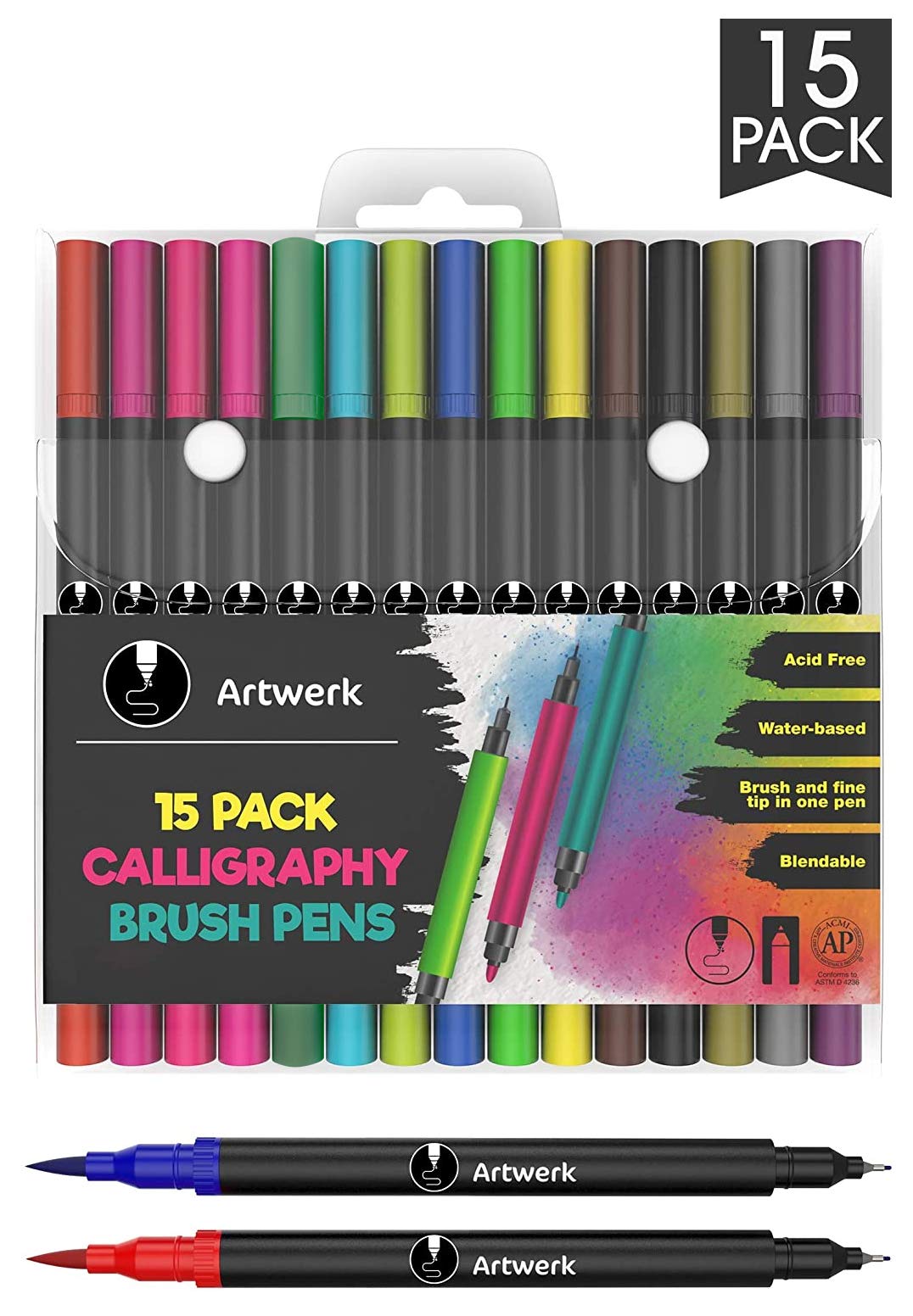 15 Pack Fine Point Brush Marker Pens [Bullet Journal] Dual Tip ArtWerk Colored Brush Pen 0.4 Fineliner Fine Point Markers Set - Dual Tips Art Supplies with Brush Tip - Best for Adult Coloring Books