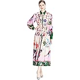 LAI MENG FIVE CATS Women's Floral Print Long Sleeve Flowy Casual Button Up Maxi Dress with Belt