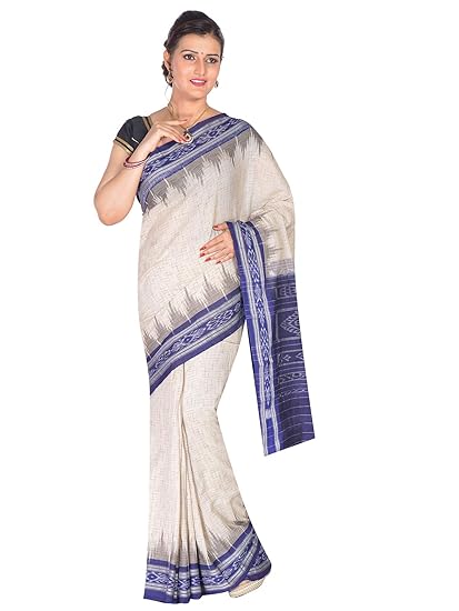 ODISHA HANDLOOM Womens Sambalpuri Ikat Cotton Saree (OHAUG2019-16, Off White)