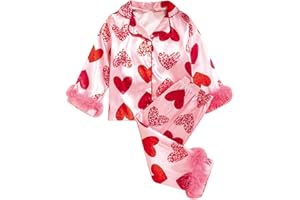 Girls Cute Heart Printed Outfits Kids Winter Fuzzy Trim Silk Satin Shirt and Pants Warm Soft 2 Piece Set Clothes
