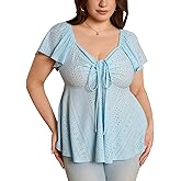 Milumia Women's Plus Size Tie Front Tops Eyelet Embroidery Sweetheart Neck Ruffle Short Sleeve Casual Tee Blouse Shirt