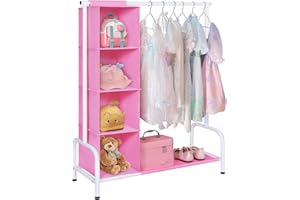 Univivi Kids Clothing Rack with Hanging Organizer, Short Toddler Dress Up Storage Rack for Hanging Clothes, Kids Wardrobe Closet for Baby Clothes, Dance Costumes, Pink/White