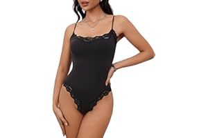 Starrylion Lace Body Suit Square Neck Tops for Women Sleeveless Spaghetti Strap Tank Top Bodysuits for Women Sexy Jumpsuit