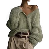 COZYPOIN Womens Fuzzy Cardigan Sweater V Neck Long Sleeve Button Down Soft Furry Top Slouchy Drop Shoulder Knit Coat