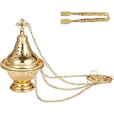 JUXYES Vintage Hanging Charcoal Incense Resin Burner with Chain and Tongs | Metal Censer Antique Frankincense Insence Burner Holder Spiritual Aromatherapy Meditation Retro Home Decoration, Gold