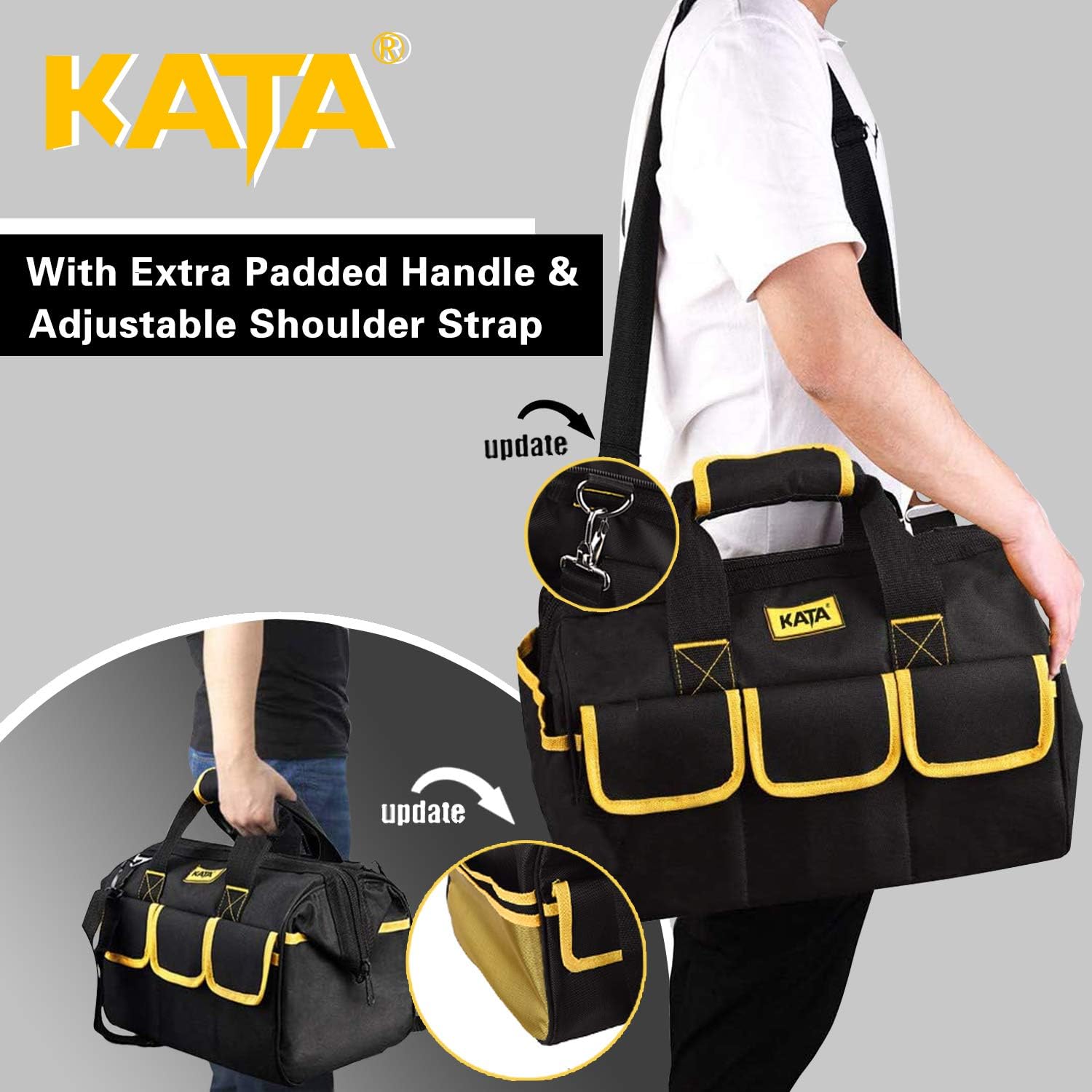 KATA 16 Inch Heavy Duty Tool Bag with Wide Mouth for Tool Storage, Carrier and Organizer, Bag for Tools, Yellow - - 