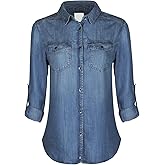 Design by Olivia Women's Classic Long/Roll Up Sleeve Button Down Denim Chambray Shirt