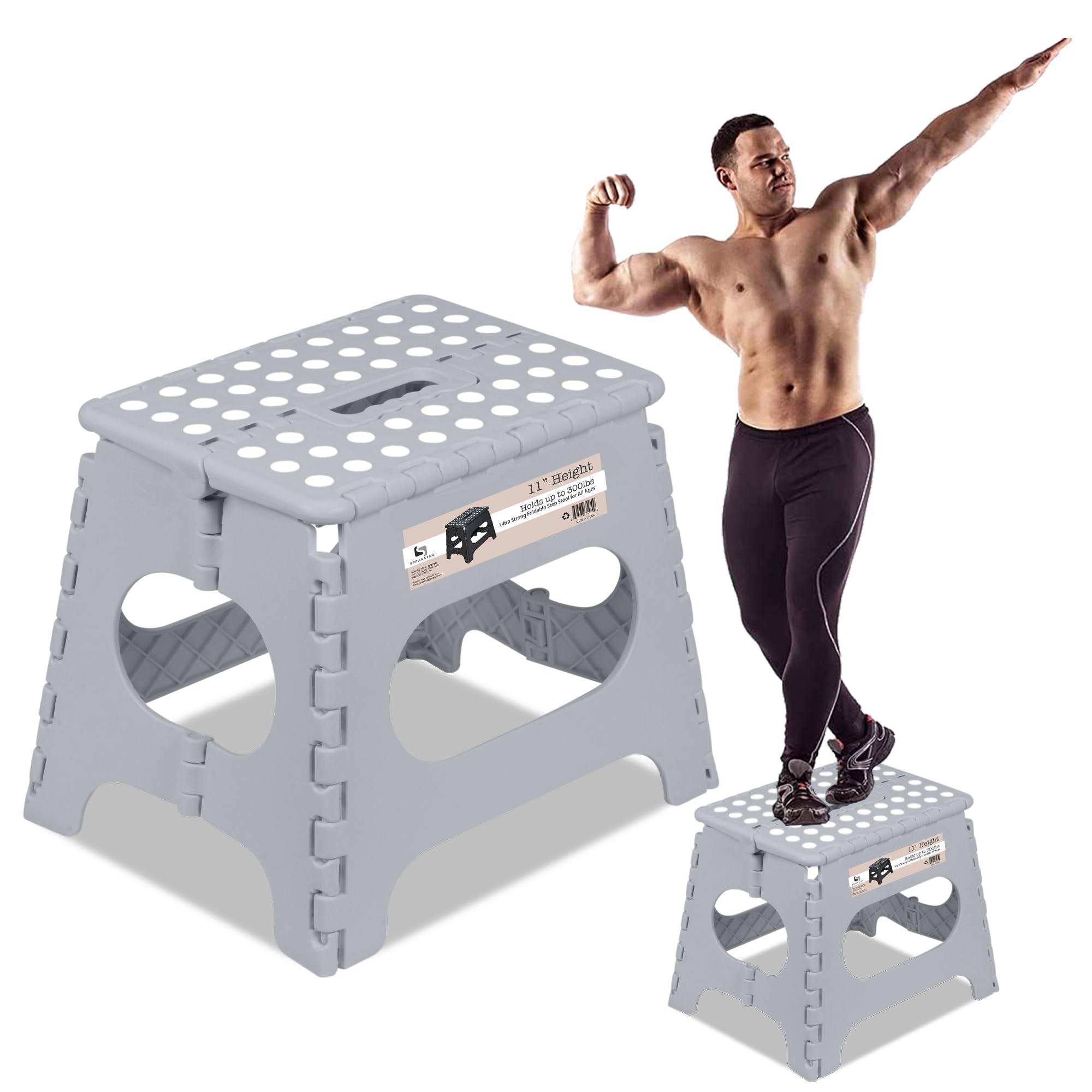 Spranster Super Strong Folding Step Stool - 11" - Sturdy Enough to Hold 300 Lb - Lightweight Foldable Step Stool for Adults and Kids - Opens with one Flip - Great for Kitchen, Bathroom and Bedroom