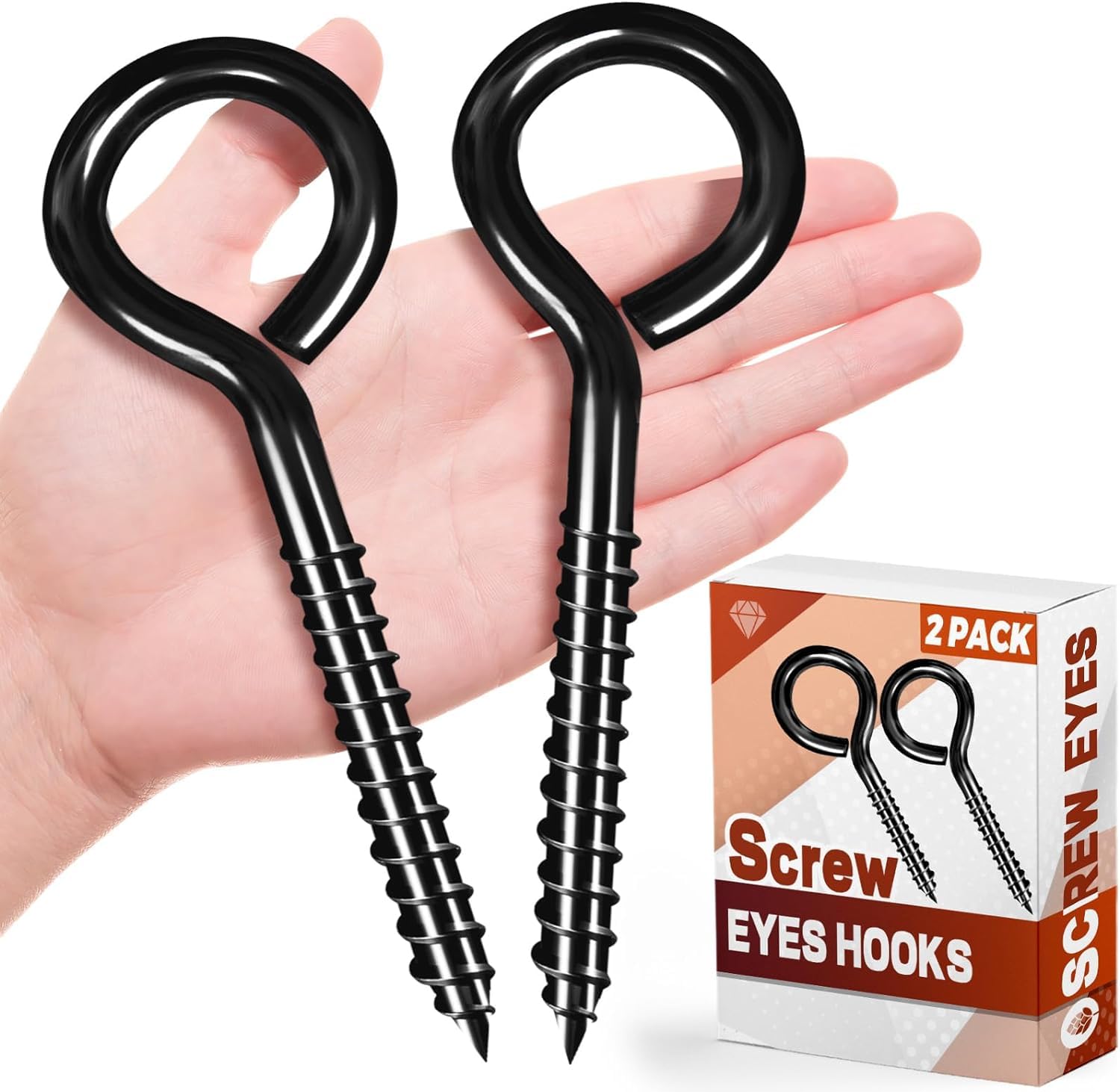 FFWHKON 2PCS 6 Inch Heavy Duty Black Screw Eyes Hooks for Wood - Perfect for Securing Cables and Wires Indoors and Outdoors, Strong and Reliable Option