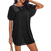 AI'MAGE Women's Swimsuit Coverup Ruffle Sleeve Bathing Suit Beach Cover Up Back Hollow Bikini T-Shirt Dress S-2XL