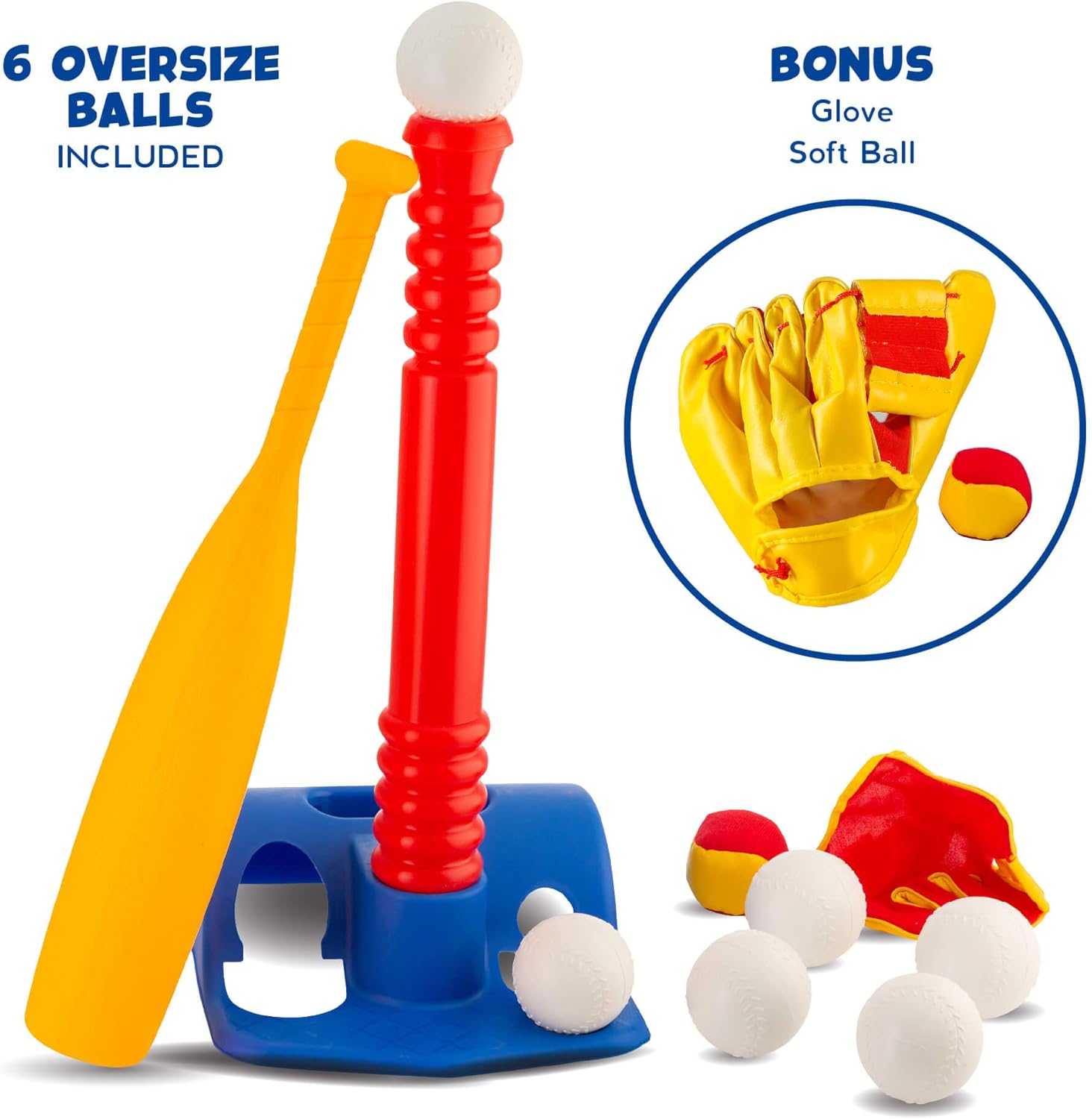 Tee-Ball Sport Set - 6 Balls and 1 Soft Ball with Bat & Glove to Develop Baseball & Softball Skills - Primary Color Set for Kids in Carry Case: Toys & Games