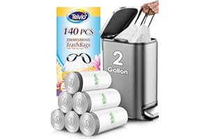 Teivio 2 Gallon 140pcs Strong Drawstring Trash Bags Garbage Bags, Bathroom Trash Can Bin Liners, Small Plastic Bags for Office Kitchen Home, White