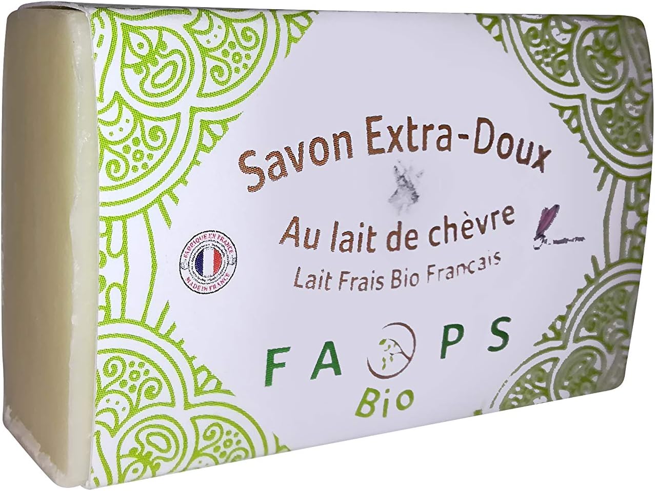 Organic Bar Soap 100 g enriched with organic French fresh goat milk 100% natural ingredients. 100 % vegetable base, Handmade formulated without Sulfates, Silicone, Paraben, EDTA, MIT Alcohol, Colouring agents, phénoxyéthanol, GMO, mineral oil, palm oil, petrochemistry, not tested on animals. 100% Developped and manufactured in France