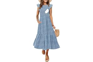 CzzzyL Women's Nursing Dress Flutter Short Sleeve Crew Neck Smocked Elastic Waist Tiered Midi with Pockets