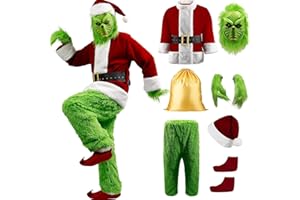 AOSUYOU Green Big Monster Costume Adult, 8PCS Furry Christmas Green Big Monster Costume Men Santa Claus Costume for Men