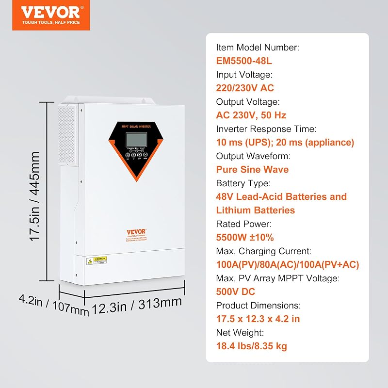 Inversor Híbrido de 5500W Inversor Solar Híbrido 230V AC Cargador Fuera de la Red de Onda Sinusoidal Pura con Controlador de Carga Solar MPPT Incorporado de 100 A, Carga Híbrida, Utilidad, Solar