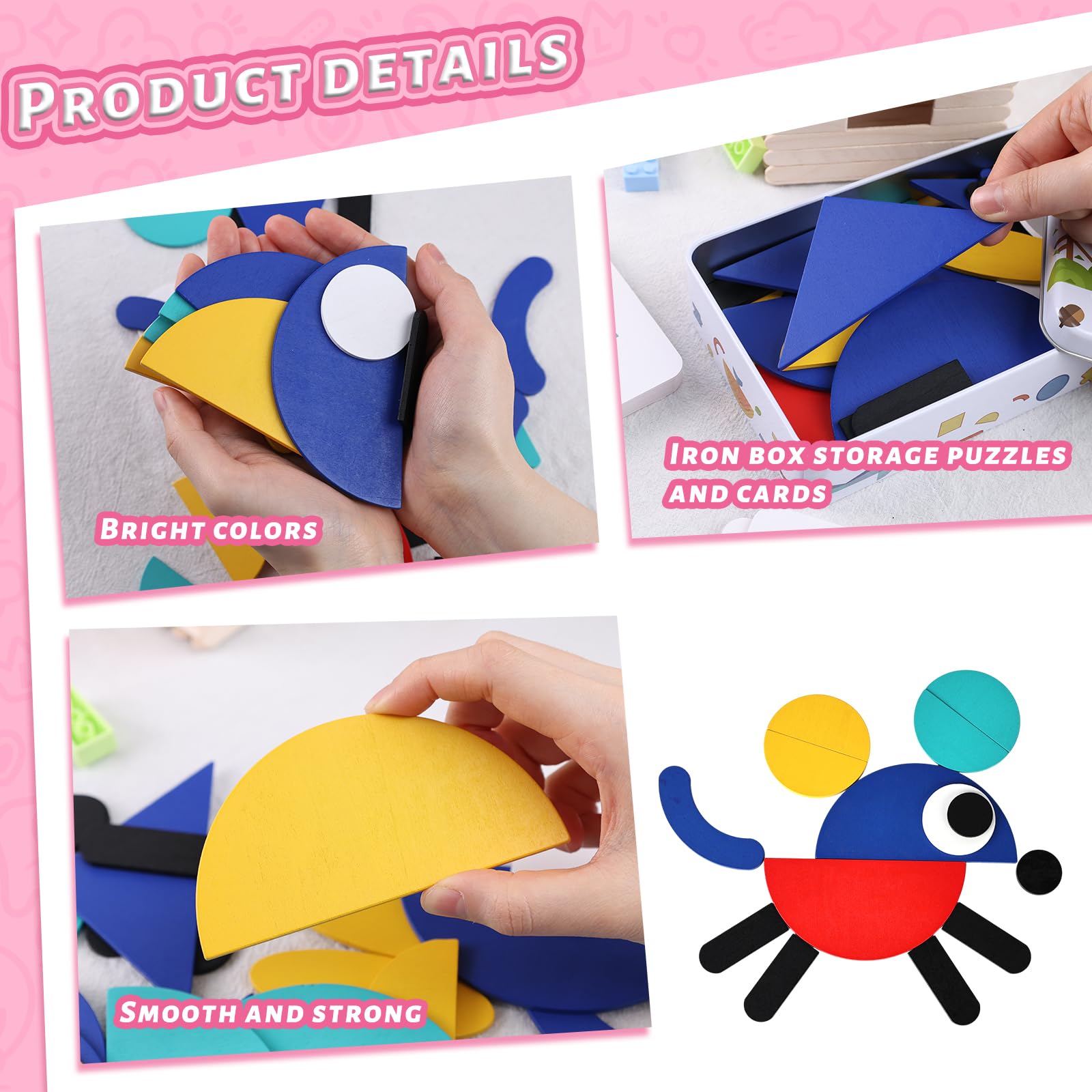 LovesTown 36 Wooden Pattern Blocks with 60 Cards, Open Ended Wooden Shape Puzzles Montessori Preschool Education Toy Tangram Shape Puzzle for Toddler Kids