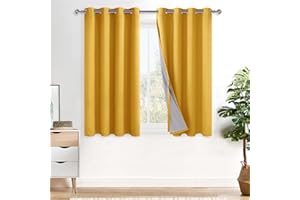 XWZO 100% Blackout Curtains 45 Inches Long with Tiebacks- Soundproof & Energy Efficiency Window Draperies Grommet Top with Black Liner for Bedroom/Living Room, Yellow, W52 x L45, Set of 2