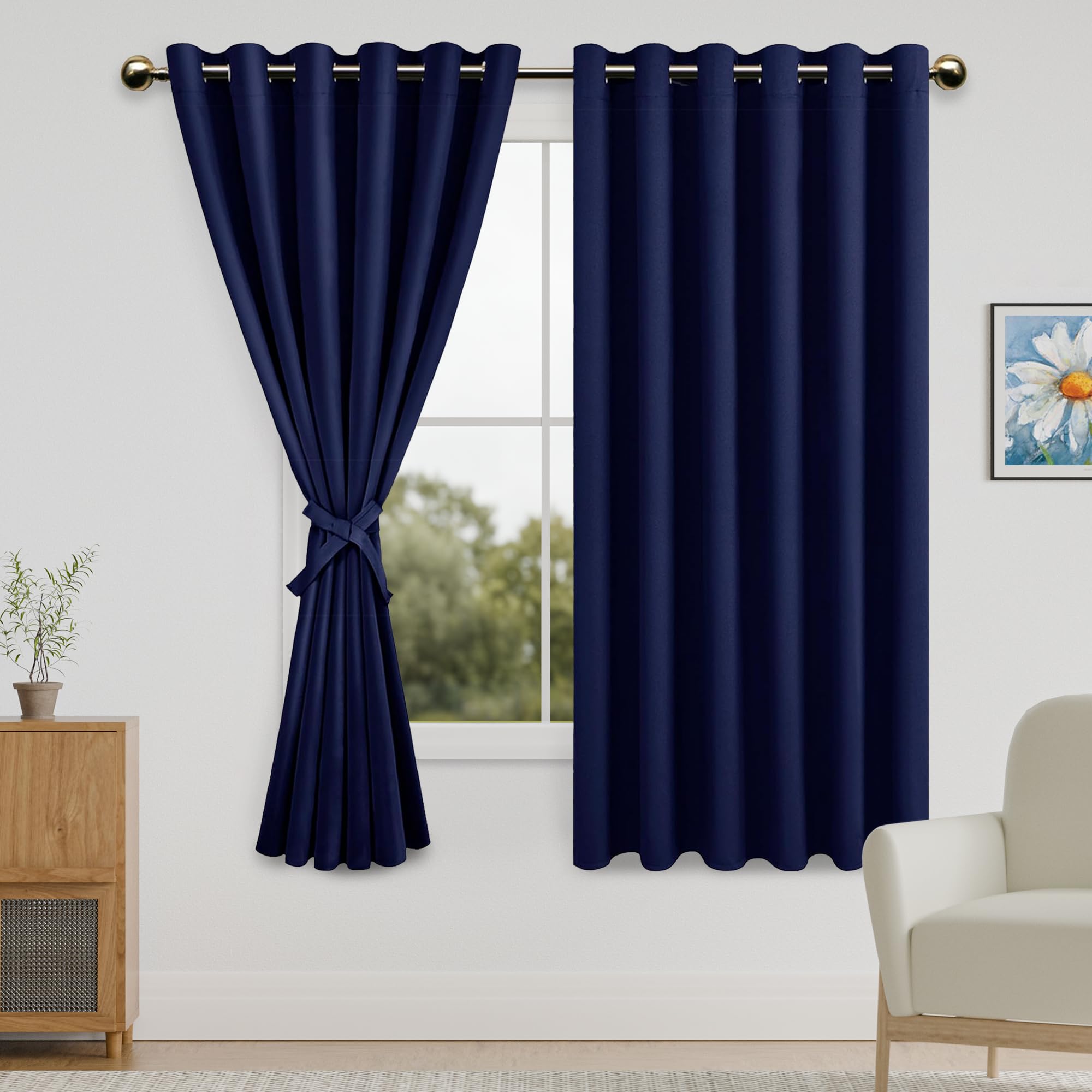 DWCN Grommet Blackout Curtains for Bedroom (70 x 63 Inch) Thermal Insulated & Room Darkening Window Curtains for Living Room/Dorm Room with Tiebacks, Navy Blue, 2 Drape Panels Image