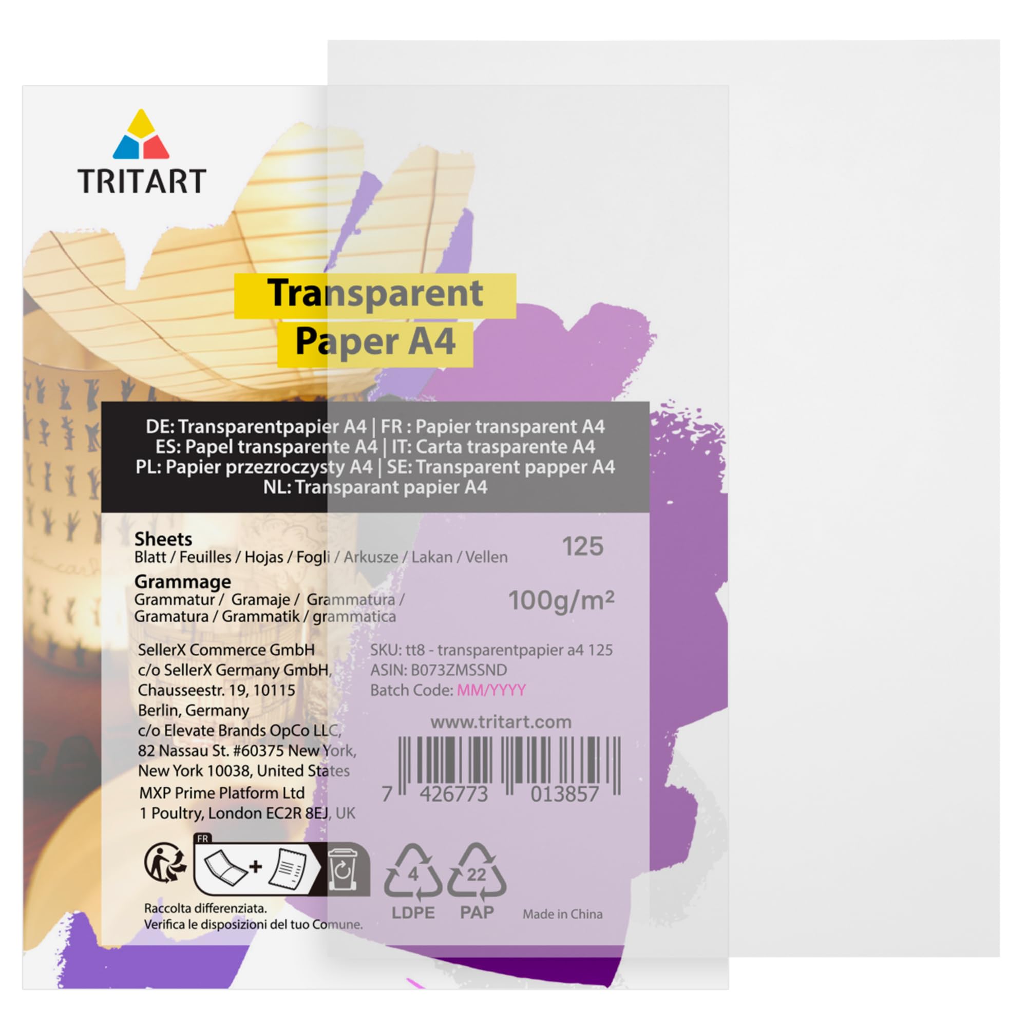 Tritart Tracing Paper A4 100 g/m² (125 Sheet) - Vellum for Printer Drawing Art Sketch Pattern Transfer - Ideal for Wedding Invitation Cards and Sewing Patterns - Transparent White