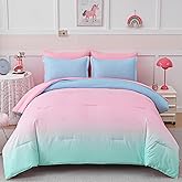 Drucon Comforter Set Twin for Teen Girl & Women, 6 Pieces Bed in A Bag Gradient Pink Green Bedding Set (1 Comforter, 1 Flat Sheet, 1 Fitted Sheet, 1 Pillow sham, 2 Pillowcases)