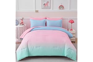 Drucon Comforter Set Queen Size for Teen Girl & Women,7 Pieces Bed in A Bag Gradient Pink Green Bedding Set (1 Comforter, 1 Flat Sheet, 1 Fitted Sheet, 2 Pillow Shams, 2 Pillowcases)