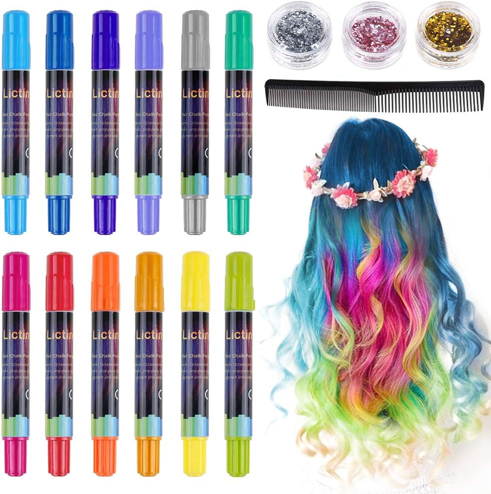 Lictin Hair Chalk Pens for Girls Kids Hair Chalk Metallic Glitter Temporary Instant Hair