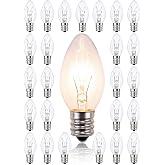 Xingzd 25PK C7 Replacement Bulbs, Christmas Night Light Bulbs, Clear | 5Watts, 120V, Warm White, E12 Candelabra Base, Waterproof Incandescent Bulbs for String Lights, Holiday Party Decor