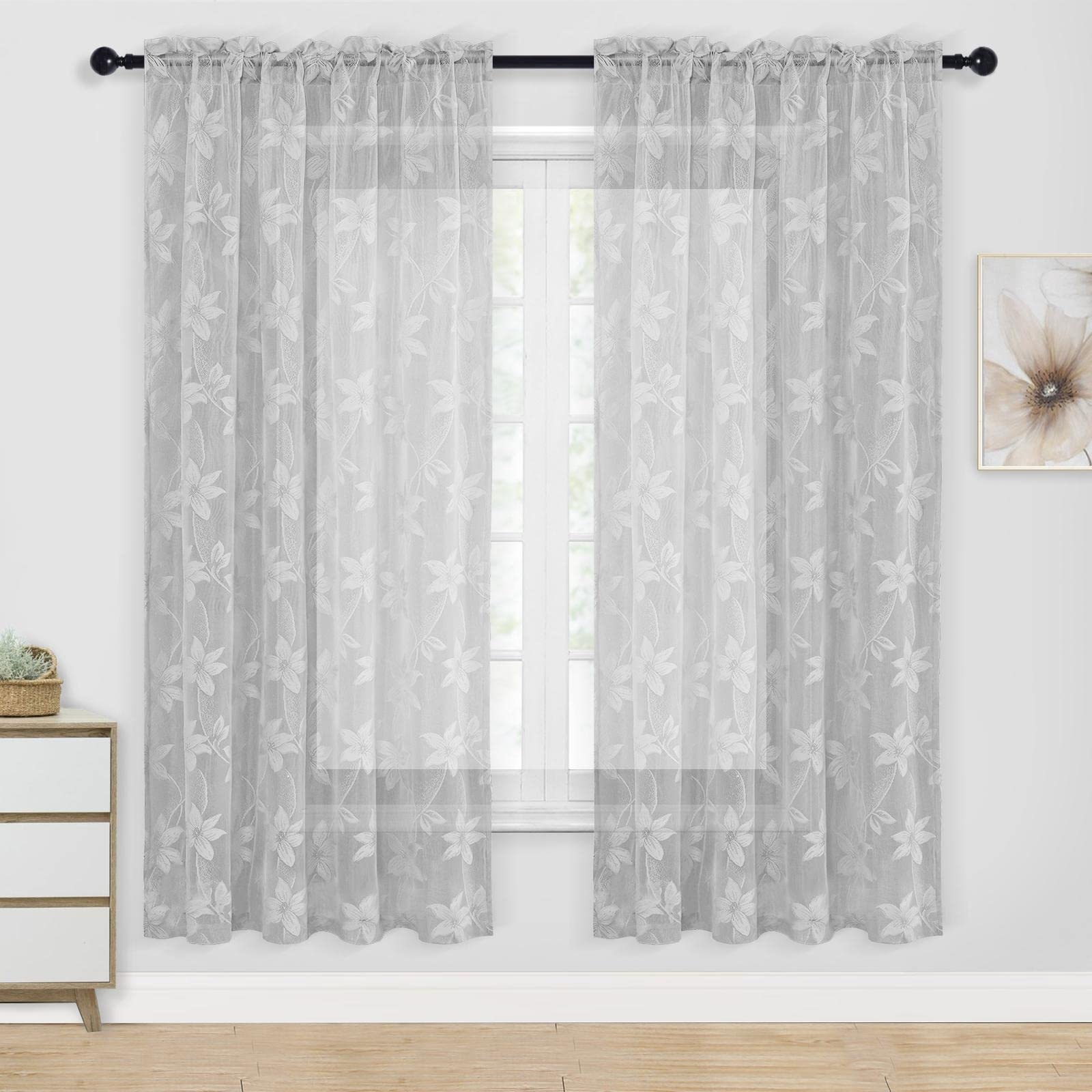 DWCN Grey Sheer Curtains - Beautiful Floral Lace Rod Pocket Window Voile Sheer Drapes for Girls Bedroom 52 x 72 inches Long, Set of 2 Grey Curtain Panels