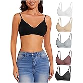 OYOANGLE Women's 5 Pieces Rib Knit Spaghetti Strap V Neck Wireless Bra Set Seamless Solid Plain No Padded Bralette