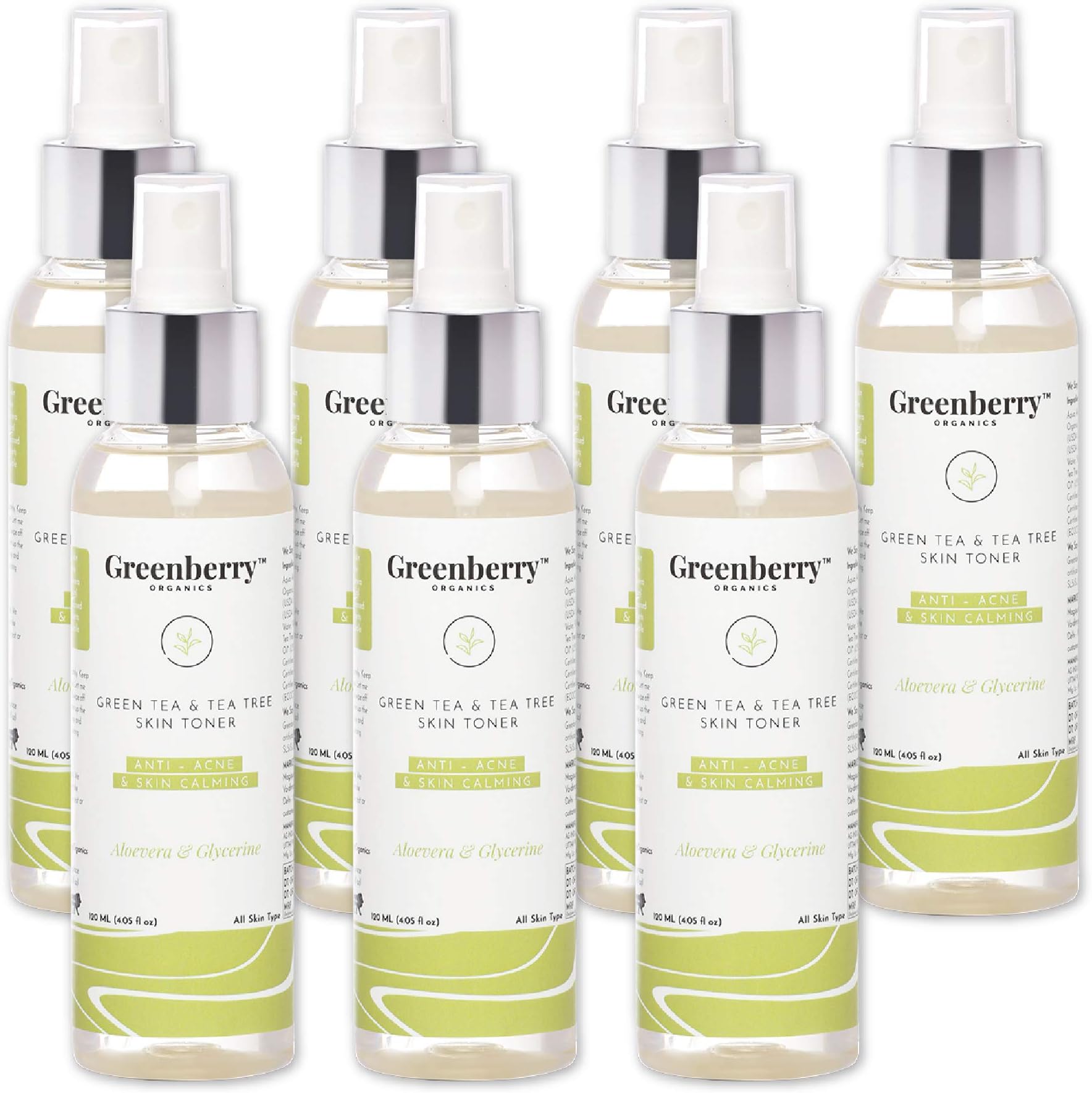 Greenberry Organics Green Tea and Tea Tree Skin Toner for Anti Acne & Skin Calming with Aloe Vera & Glycerine in Spray bottle, Unisex pack of 7 (120 ml x 7 bottles)