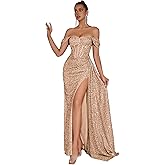 Evening Gowns Formal Dresses for Women Sequin Tulle Wedding Guest Cocktail Party Sexy Off Shoulder Floor Length Prom Dress