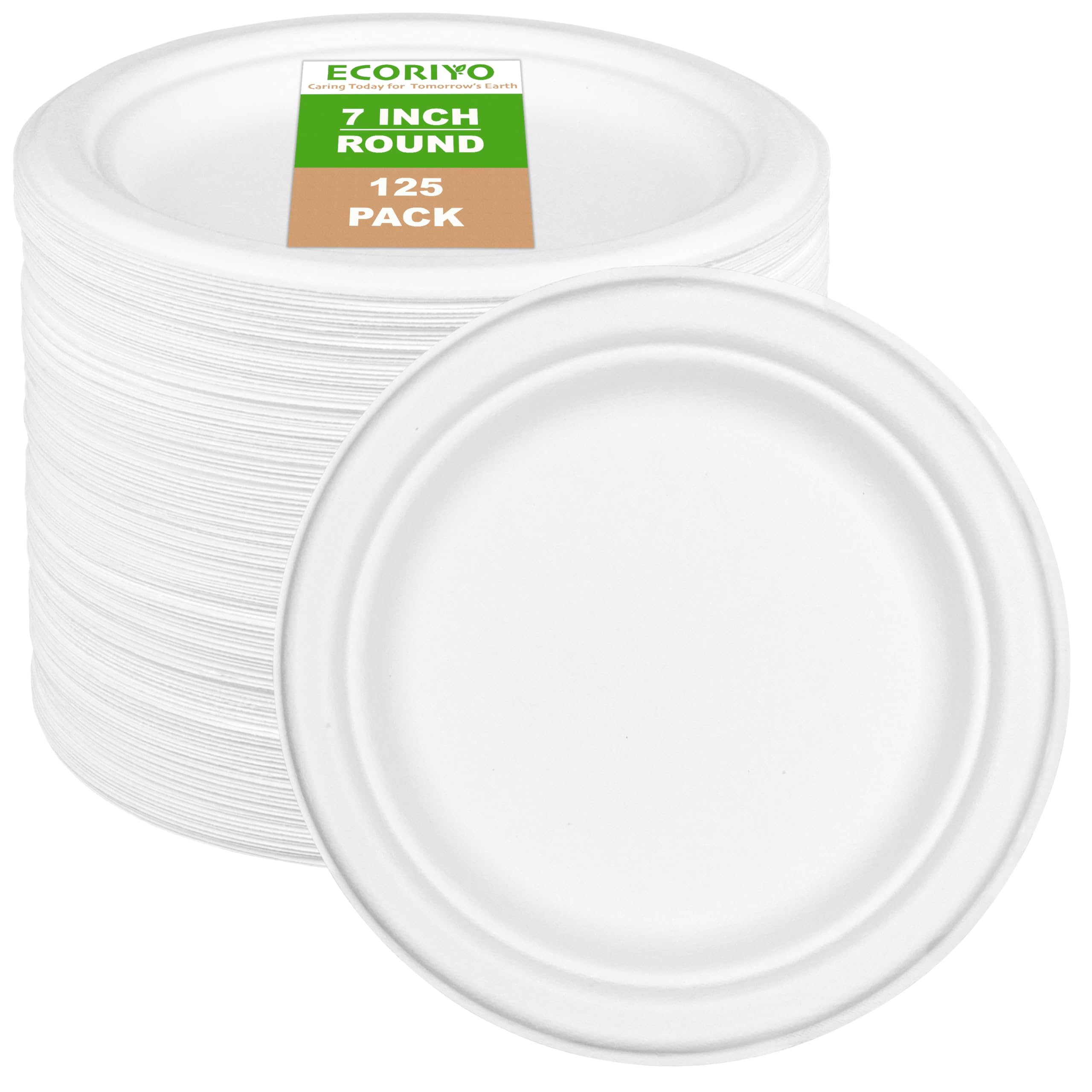 ECORIYO 7-Inch Round Disposable Bagasse Sugarcane Plates - 125-Pack Biodegradable, Eco-Friendly Tableware - Freezer-Safe & Microwave-Safe for Picnics or Parties - White